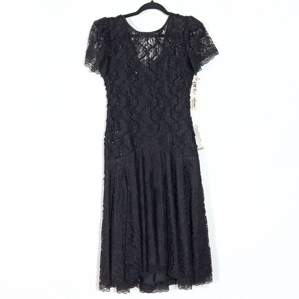 Vtg HW Collections Sequined Lace‎ Overlay Midi Dress Sz S/XS Black Scoop Back - Picture 3 of 16